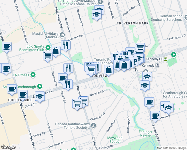 map of restaurants, bars, coffee shops, grocery stores, and more near 2306 Eglinton Avenue East in Toronto