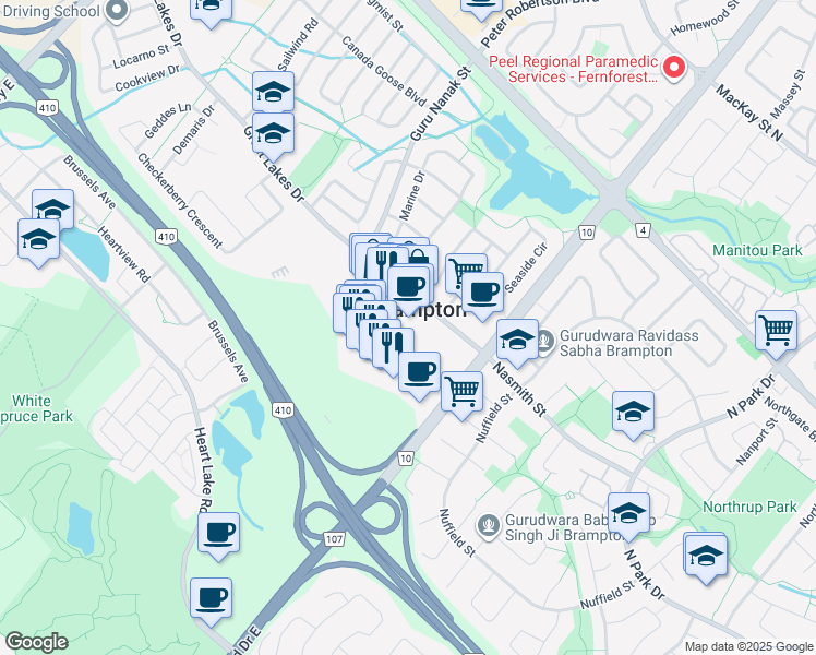map of restaurants, bars, coffee shops, grocery stores, and more near 20 Great Lakes Drive in Brampton