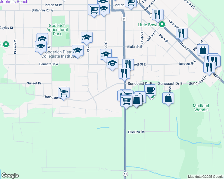 map of restaurants, bars, coffee shops, grocery stores, and more near 52 Suncoast Drive East in Goderich