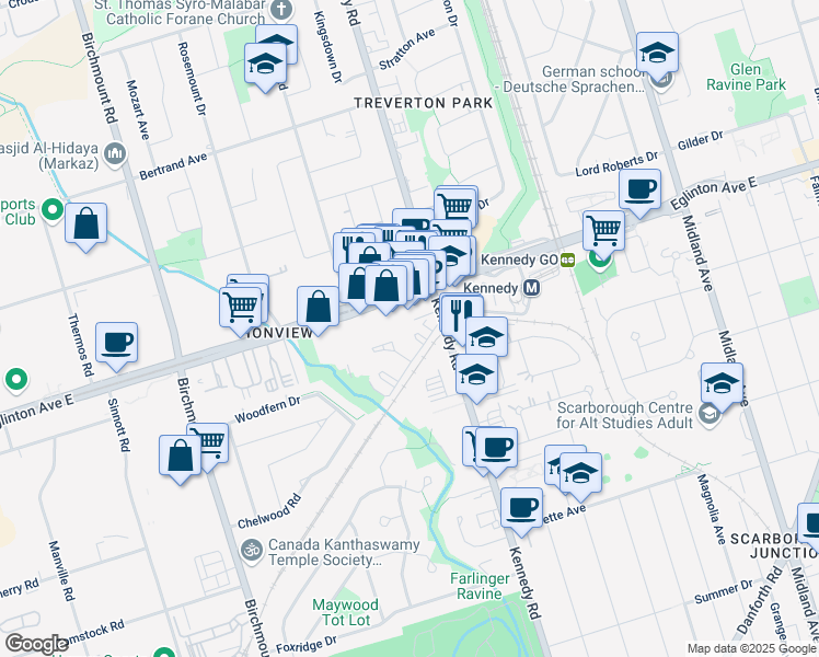 map of restaurants, bars, coffee shops, grocery stores, and more near 740 Kennedy Road in Toronto