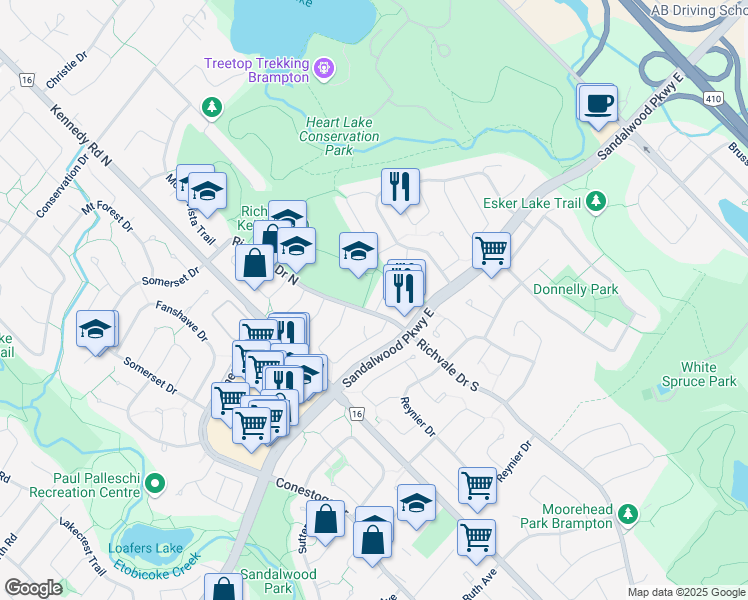map of restaurants, bars, coffee shops, grocery stores, and more near 40 Peggy Court in Brampton