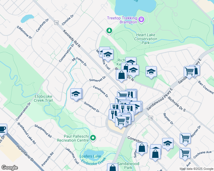 map of restaurants, bars, coffee shops, grocery stores, and more near 46 Thatcher Court in Brampton