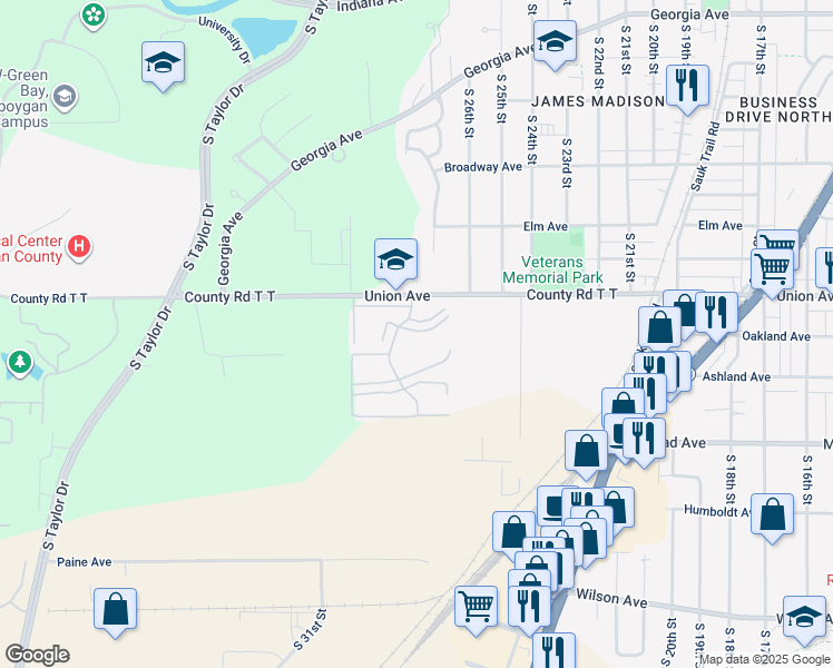 map of restaurants, bars, coffee shops, grocery stores, and more near 2141 Bollman Drive in Sheboygan