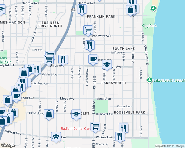 map of restaurants, bars, coffee shops, grocery stores, and more near 2134 South 12th Street in Sheboygan