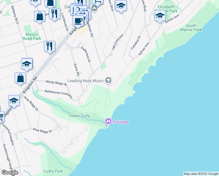 map of restaurants, bars, coffee shops, grocery stores, and more near 61 Sylvan Avenue in Toronto