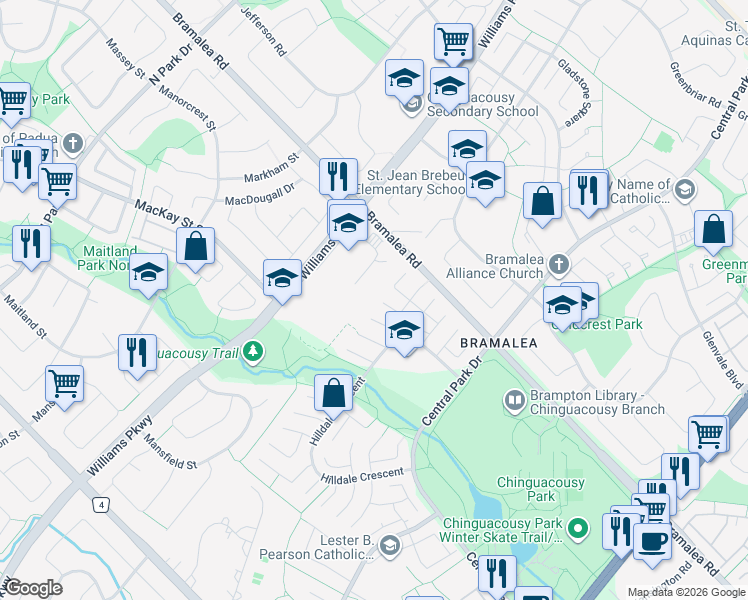 map of restaurants, bars, coffee shops, grocery stores, and more near 8 Hilda Court in Brampton