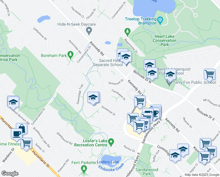 map of restaurants, bars, coffee shops, grocery stores, and more near 114 Fanshawe Drive in Brampton