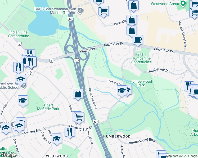 map of restaurants, bars, coffee shops, grocery stores, and more near 52 Topbank Drive in Toronto