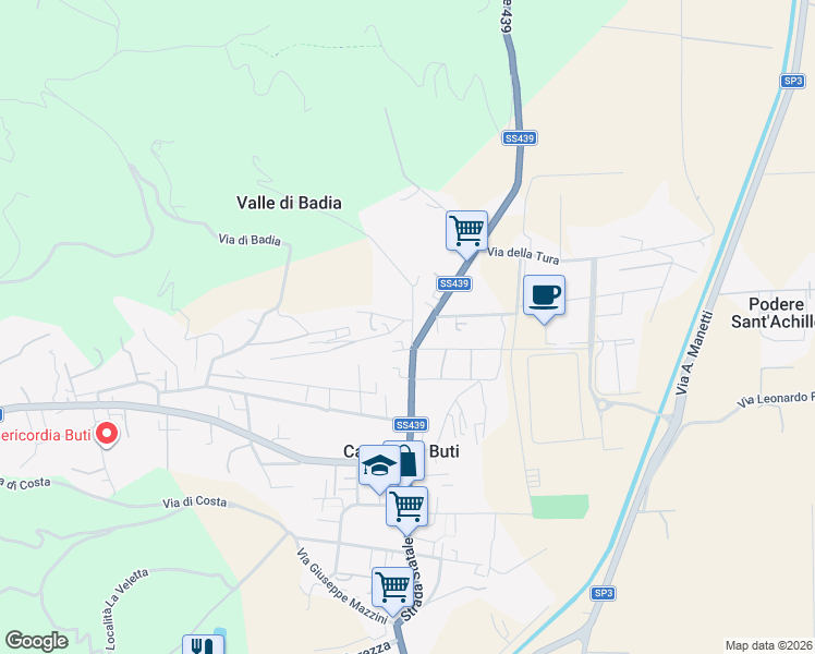 map of restaurants, bars, coffee shops, grocery stores, and more near 3 Via Val di Badia in Cascine-la Croce