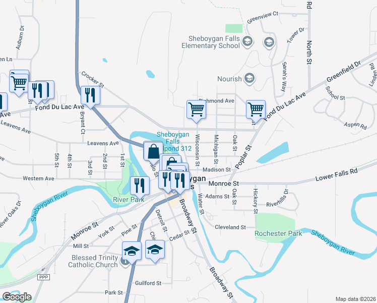 map of restaurants, bars, coffee shops, grocery stores, and more near 221 Wisconsin Street in Sheboygan Falls