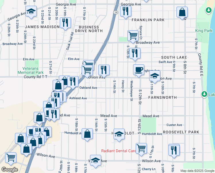 map of restaurants, bars, coffee shops, grocery stores, and more near 2133 South 15th Street in Sheboygan