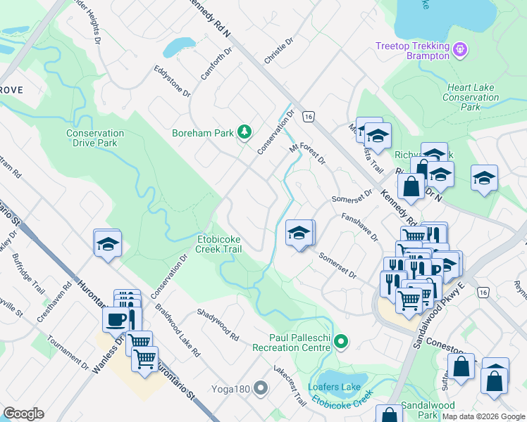 map of restaurants, bars, coffee shops, grocery stores, and more near 2 Whitmore Court in Brampton