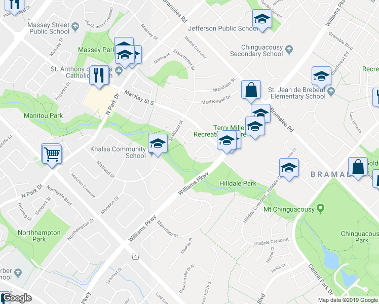 map of restaurants, bars, coffee shops, grocery stores, and more near 30 Mayfair Crescent in Brampton