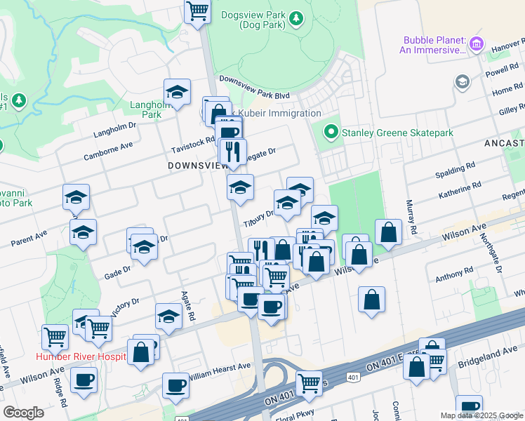map of restaurants, bars, coffee shops, grocery stores, and more near 20 Tilbury Drive in Toronto