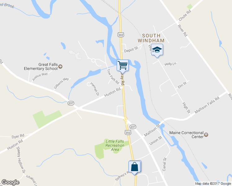 map of restaurants, bars, coffee shops, grocery stores, and more near 265 Huston Rd in Gorham