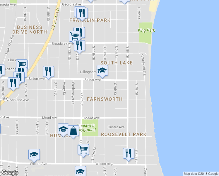 map of restaurants, bars, coffee shops, grocery stores, and more near 920 Oakland Ave in Sheboygan