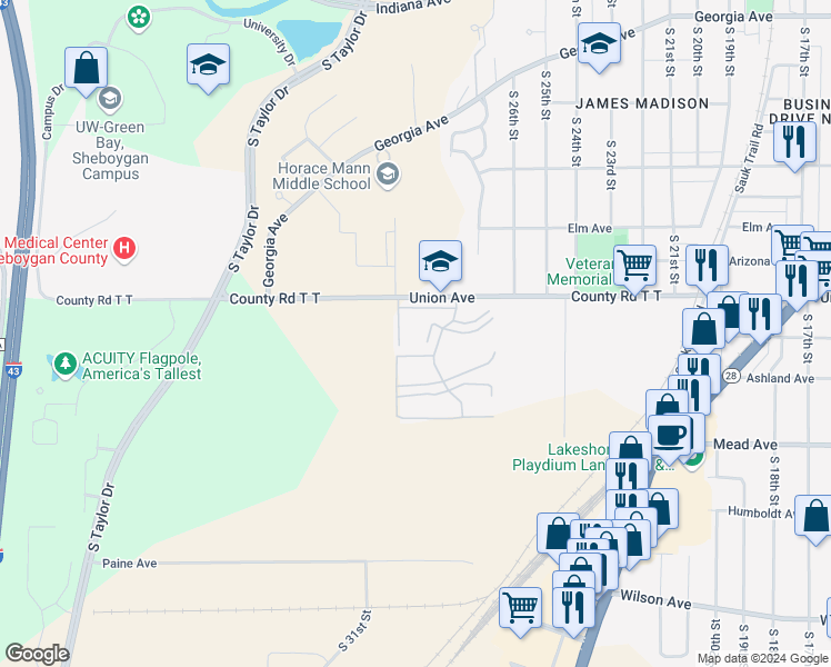map of restaurants, bars, coffee shops, grocery stores, and more near 2140 Meadowland Drive in Sheboygan