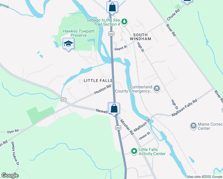 map of restaurants, bars, coffee shops, grocery stores, and more near 265 Huston Road in Gorham