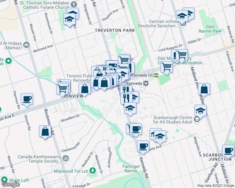 map of restaurants, bars, coffee shops, grocery stores, and more near in Toronto