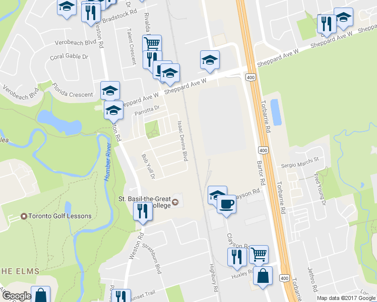 map of restaurants, bars, coffee shops, grocery stores, and more near in Toronto