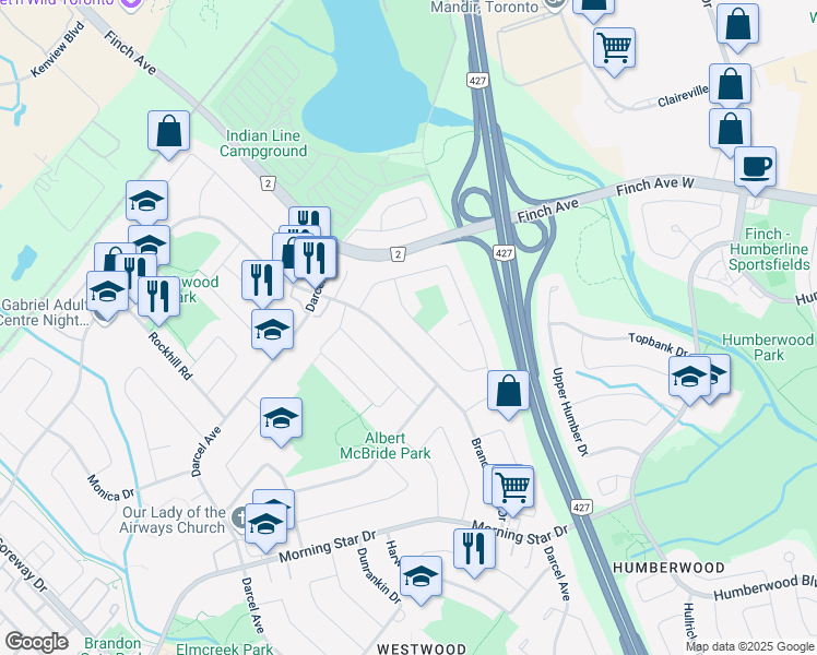map of restaurants, bars, coffee shops, grocery stores, and more near 7378 Finery Crescent in Mississauga