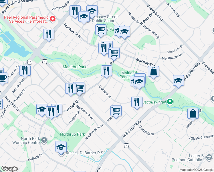 map of restaurants, bars, coffee shops, grocery stores, and more near 5 Madison Street in Brampton