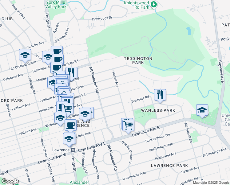 map of restaurants, bars, coffee shops, grocery stores, and more near 148 Roslin Avenue in Toronto