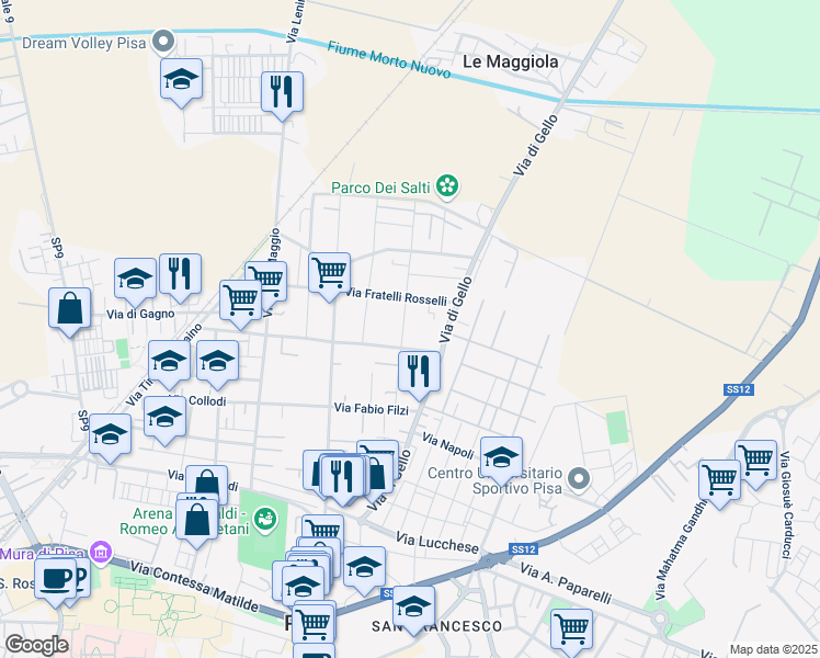 map of restaurants, bars, coffee shops, grocery stores, and more near 25 Via Giovanni Randaccio in Pisa