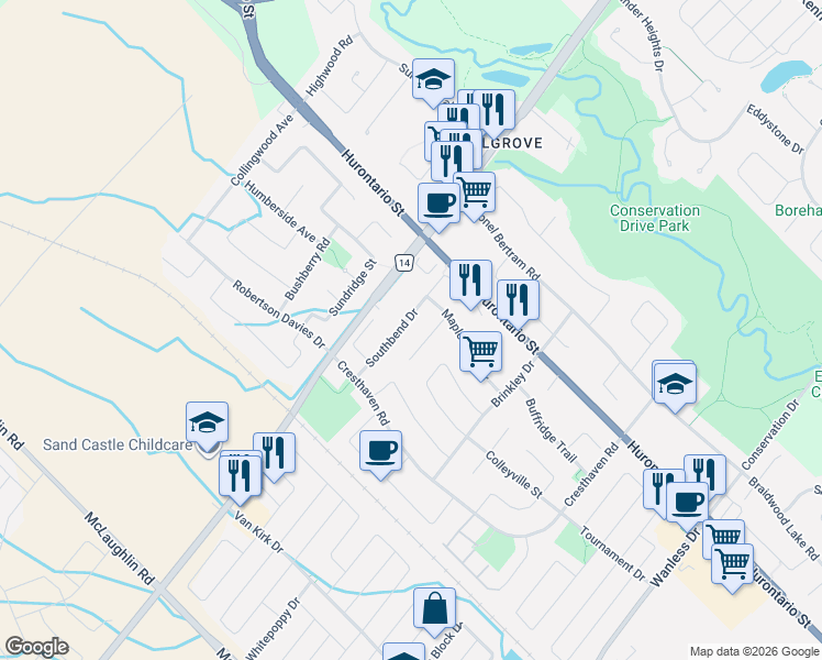 map of restaurants, bars, coffee shops, grocery stores, and more near 33 Southbend Drive in Brampton