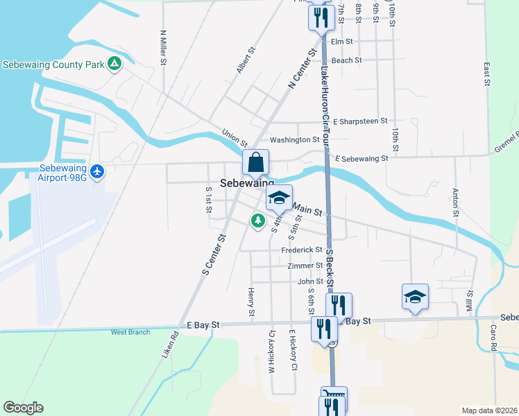 map of restaurants, bars, coffee shops, grocery stores, and more near 26 South 3rd Street in Sebewaing