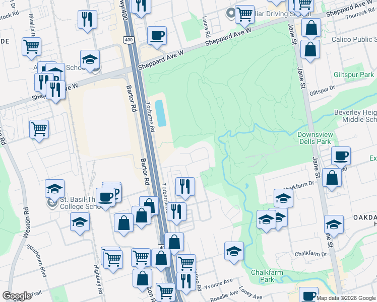map of restaurants, bars, coffee shops, grocery stores, and more near 151 Fred Young Drive in Toronto