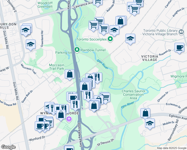 map of restaurants, bars, coffee shops, grocery stores, and more near 18 Concorde Place in Toronto