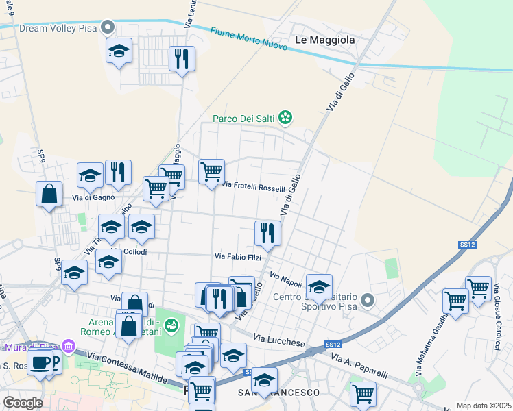 map of restaurants, bars, coffee shops, grocery stores, and more near 25 Via Giovanni Randaccio in Pisa