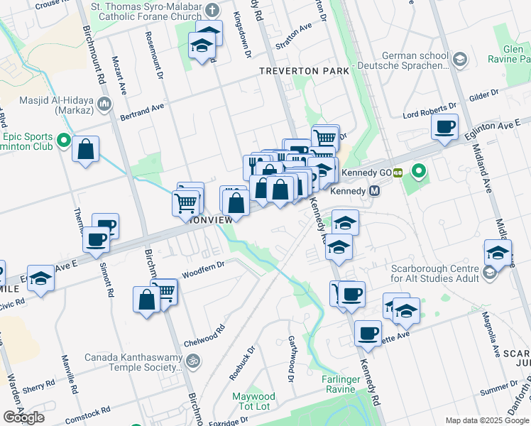 map of restaurants, bars, coffee shops, grocery stores, and more near in Toronto