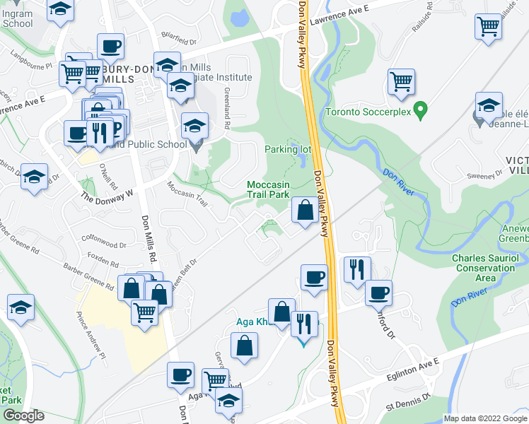 map of restaurants, bars, coffee shops, grocery stores, and more near 43E Green Belt Drive in Toronto