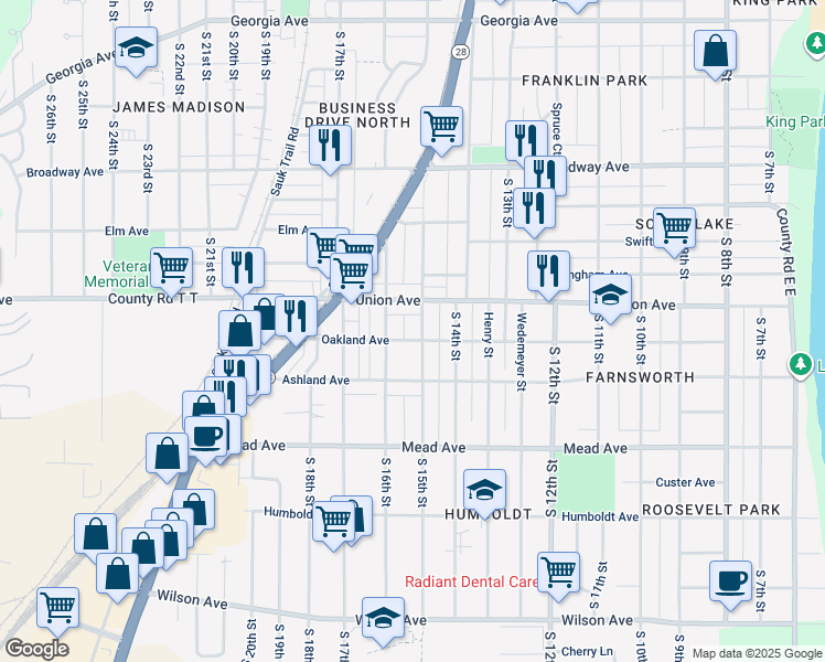 map of restaurants, bars, coffee shops, grocery stores, and more near 2133 South 15th Street in Sheboygan