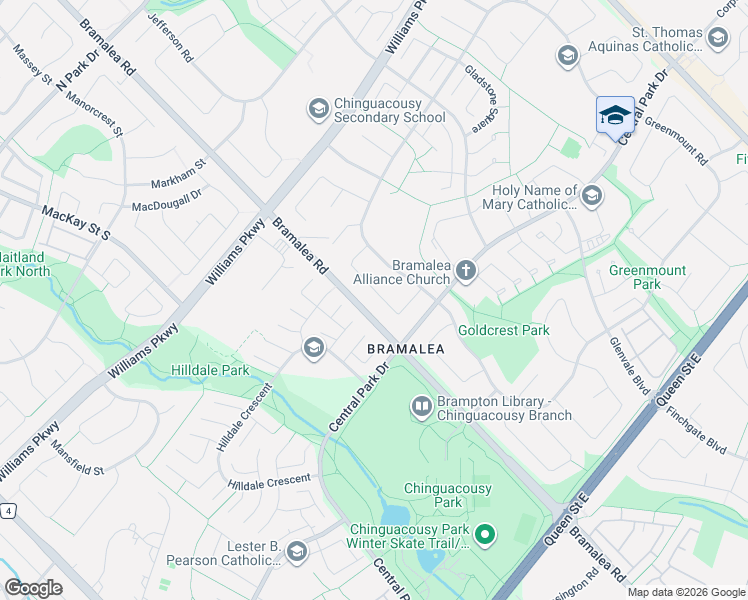 map of restaurants, bars, coffee shops, grocery stores, and more near 30 Grassmere Crescent in Brampton