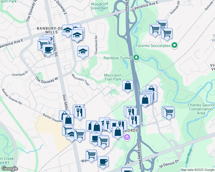 map of restaurants, bars, coffee shops, grocery stores, and more near Dallimore Circle in Toronto