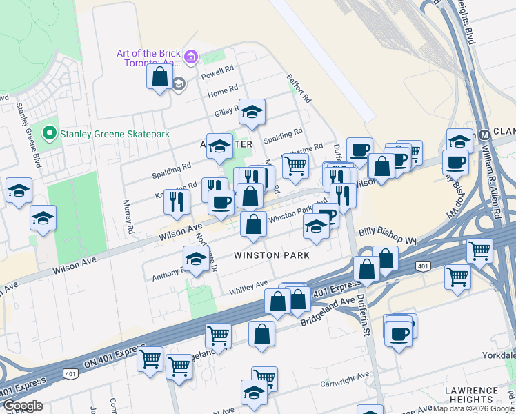 map of restaurants, bars, coffee shops, grocery stores, and more near 746 Wilson Avenue in Toronto