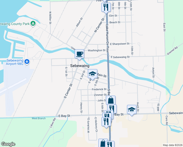 map of restaurants, bars, coffee shops, grocery stores, and more near 125 East Grove Street in Sebewaing