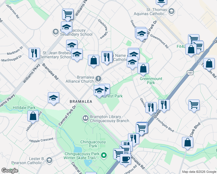 map of restaurants, bars, coffee shops, grocery stores, and more near 16 Gleneaden Court in Brampton