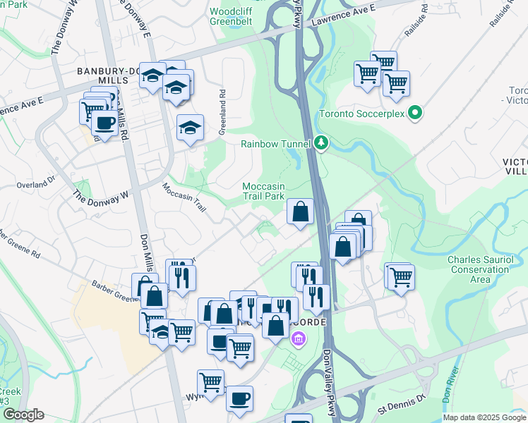 map of restaurants, bars, coffee shops, grocery stores, and more near 16 Dallimore Circle in Toronto
