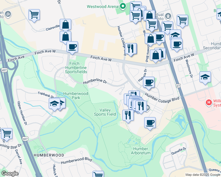 map of restaurants, bars, coffee shops, grocery stores, and more near 10 Humberline Drive in Toronto