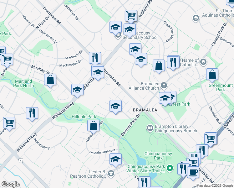 map of restaurants, bars, coffee shops, grocery stores, and more near in Brampton