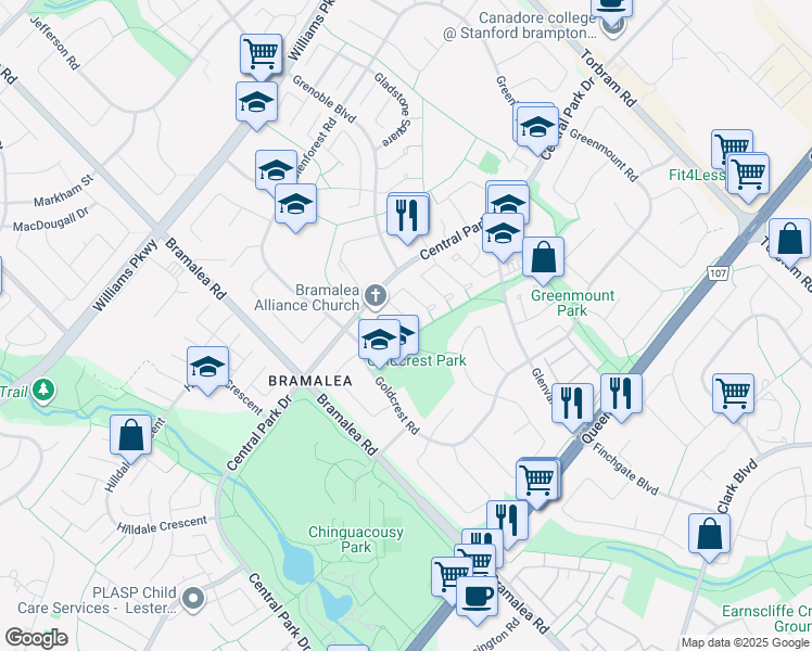 map of restaurants, bars, coffee shops, grocery stores, and more near 14 Gleneaden Court in Brampton