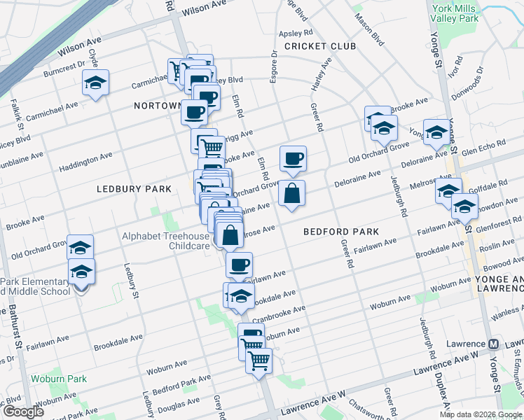 map of restaurants, bars, coffee shops, grocery stores, and more near in Toronto