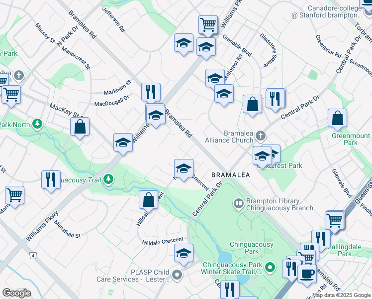map of restaurants, bars, coffee shops, grocery stores, and more near in Brampton