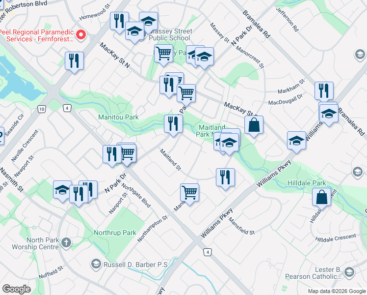 map of restaurants, bars, coffee shops, grocery stores, and more near 40 Medici Place in Brampton