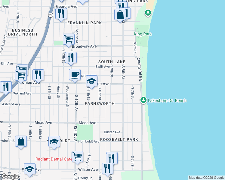 map of restaurants, bars, coffee shops, grocery stores, and more near 826 Oakland Avenue in Sheboygan