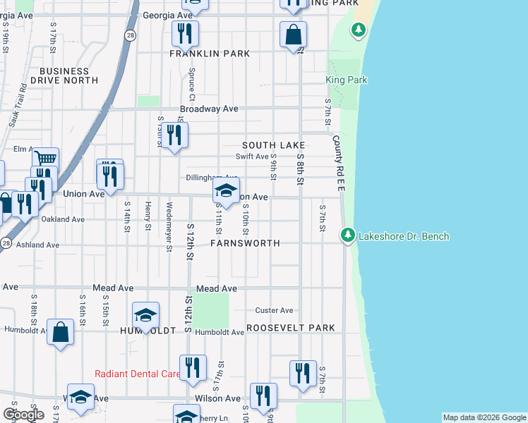 map of restaurants, bars, coffee shops, grocery stores, and more near 920 Oakland Avenue in Sheboygan